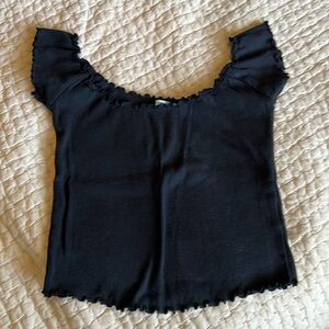 Kimchi Blue Jersey Off Shoulder Ruffle Lettuce Crop Top in Black - S